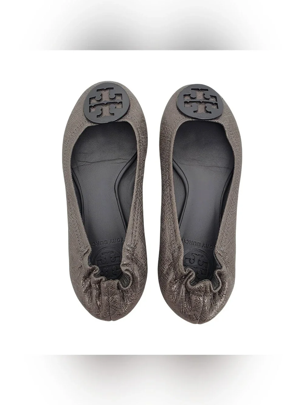 Tory Burch Reva Ballet Flats Pewter Metallic Textured Leather Size 5.5